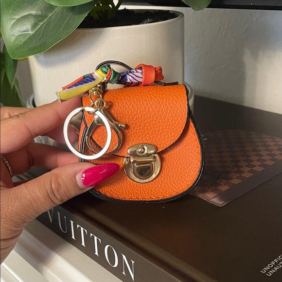 Handbags - Orange Mini Saddle Keychain Bag with Gold Hardware